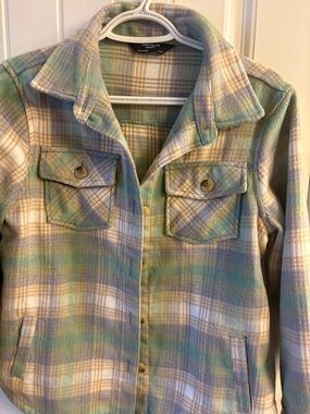 Girl’s Plaid Button-Up Shacket in Pastel Green, Blue & Cream